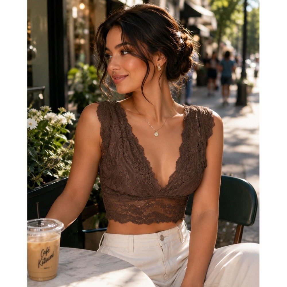 Cosabella Everyday Lace Plunge Bralette Brown Floral Longline Wireless Bra XL